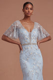 Short Sleeves Blush Sparkly Beaded Floral Long Prom Dress