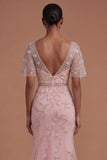 Short Sleeves Blush Sparkly Beaded Floral Long Prom Dress