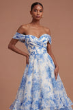 A Line Off the Shoulder Floral White Blue Tiered Long Prom Dress