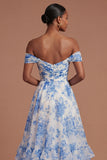 A Line Off the Shoulder Floral White Blue Tiered Long Prom Dress