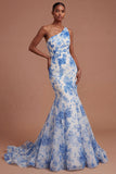 White Blue Flower Mermaid One Shoulder Backless Long Prom Dress