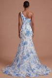 White Blue Flower Mermaid One Shoulder Backless Long Prom Dress