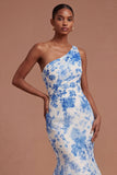 White Blue Flower Mermaid One Shoulder Backless Long Prom Dress