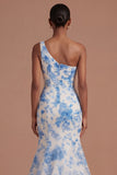 White Blue Flower Mermaid One Shoulder Backless Long Prom Dress