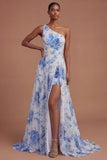 White Blue Flower A Line One Shoulder Backless Long Prom Dress with Slit