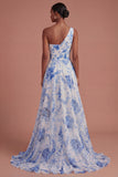 White Blue Flower A Line One Shoulder Backless Long Prom Dress with Slit