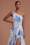 White Blue Flower A Line One Shoulder Backless Long Prom Dress with Slit