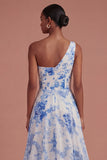 White Blue Flower A Line One Shoulder Backless Long Prom Dress with Slit