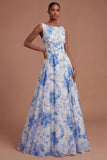 A Line Round Neck White Blue Floral Long Prom Dress