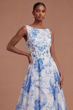 A Line Round Neck White Blue Floral Long Prom Dress