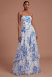 Ruffled A Line Strapless White Blue Floral Long Prom Dress