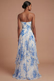 Ruffled A Line Strapless White Blue Floral Long Prom Dress