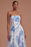 Ruffled A Line Strapless White Blue Floral Long Prom Dress