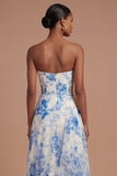 Ruffled A Line Strapless White Blue Floral Long Prom Dress