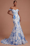 Off the Shoulder Mermaid Floral White Blue Long Prom Dress
