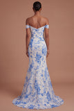 Off the Shoulder Mermaid Floral White Blue Long Prom Dress