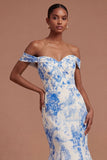 Off the Shoulder Mermaid Floral White Blue Long Prom Dress
