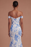 Off the Shoulder Mermaid Floral White Blue Long Prom Dress