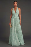 Dusty Sage Floral A Line Halter Neck Long Summer Wedding Guest Dress
