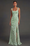 Dusty Sage Floral Corset Square Neck Long Wedding Guest Dress with Slit