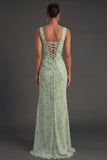 Dusty Sage Floral Corset Square Neck Long Wedding Guest Dress with Slit