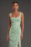 Dusty Sage Floral Corset Square Neck Long Wedding Guest Dress with Slit