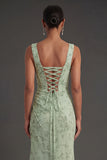 Dusty Sage Floral Corset Square Neck Long Wedding Guest Dress with Slit