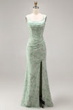 Dusty Sage Floral Corset Square Neck Long Wedding Guest Dress with Slit