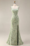 Dusty Sage Floral Corset Square Neck Long Wedding Guest Dress with Slit