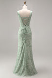Dusty Sage Floral Corset Square Neck Long Wedding Guest Dress with Slit
