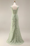 Dusty Sage Floral Corset Square Neck Long Wedding Guest Dress with Slit