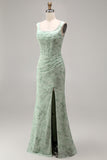 Dusty Sage Floral Corset Square Neck Long Wedding Guest Dress with Slit