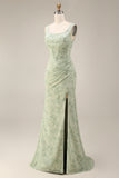 Dusty Sage Floral Corset Square Neck Long Wedding Guest Dress with Slit