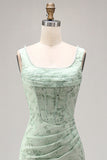 Dusty Sage Floral Corset Square Neck Long Wedding Guest Dress with Slit