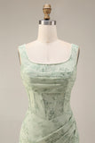 Dusty Sage Floral Corset Square Neck Long Wedding Guest Dress with Slit
