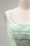 Dusty Sage Floral Corset Square Neck Long Wedding Guest Dress with Slit