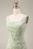 Dusty Sage Floral Corset Square Neck Long Wedding Guest Dress with Slit