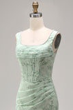 Dusty Sage Floral Corset Square Neck Long Wedding Guest Dress with Slit