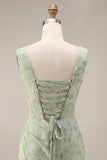 Dusty Sage Floral Corset Square Neck Long Wedding Guest Dress with Slit