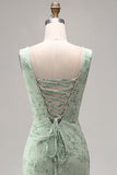Dusty Sage Floral Corset Square Neck Long Wedding Guest Dress with Slit