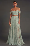 Off the Shoulder Dusty Sage A Line Ruched Long Wedding Guest Dress
