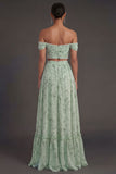 Off the Shoulder Dusty Sage A Line Ruched Long Wedding Guest Dress