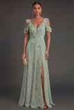 Dusty Sage Ruffled Ruched A Line Long Wedding Guest Dress with Slit
