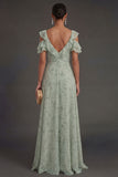 Dusty Sage Ruffled Ruched A Line Long Wedding Guest Dress with Slit