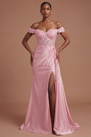Satin Corset Mermaid Blush Floral Long Prom Dress with Slit