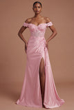Satin Corset Mermaid Blush Floral Long Prom Dress with Slit