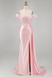 Satin Corset Mermaid Blush Floral Long Prom Dress with Slit