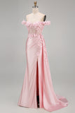 Satin Corset Mermaid Blush Floral Long Prom Dress with Slit