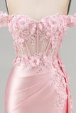 Satin Corset Mermaid Blush Floral Long Prom Dress with Slit