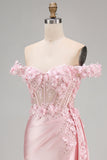 Satin Corset Mermaid Blush Floral Long Prom Dress with Slit